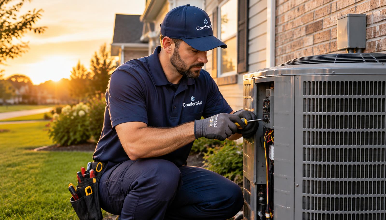 Chase technician servicing an outdoor AC unit