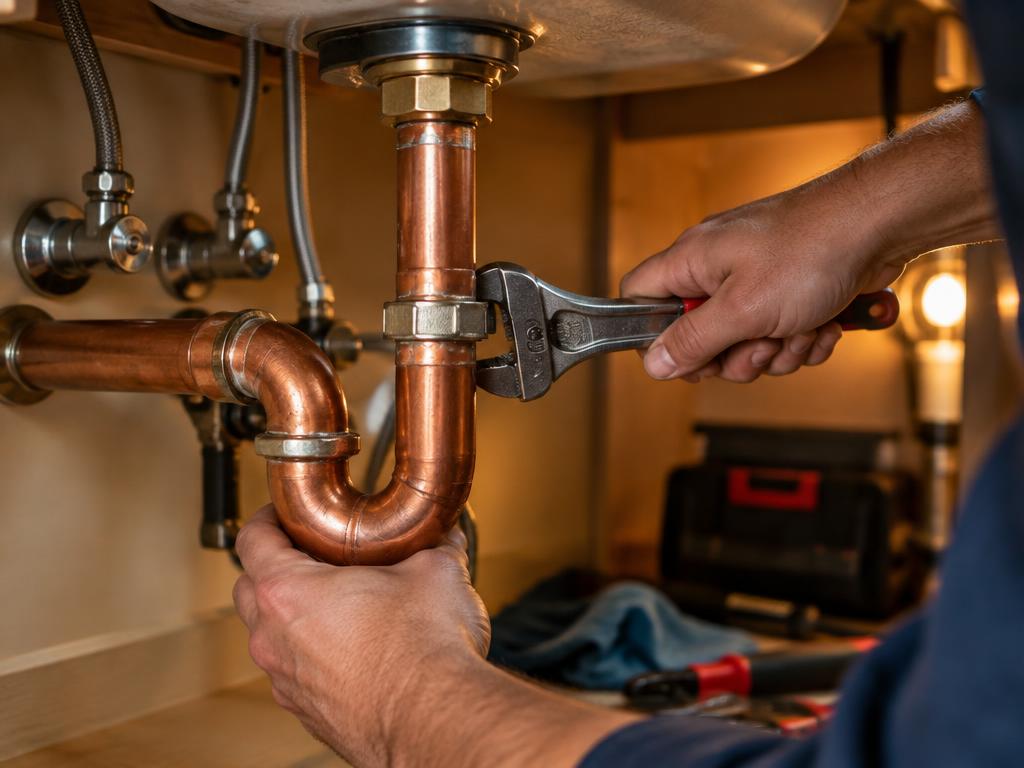 Plumber repairing copper pipe